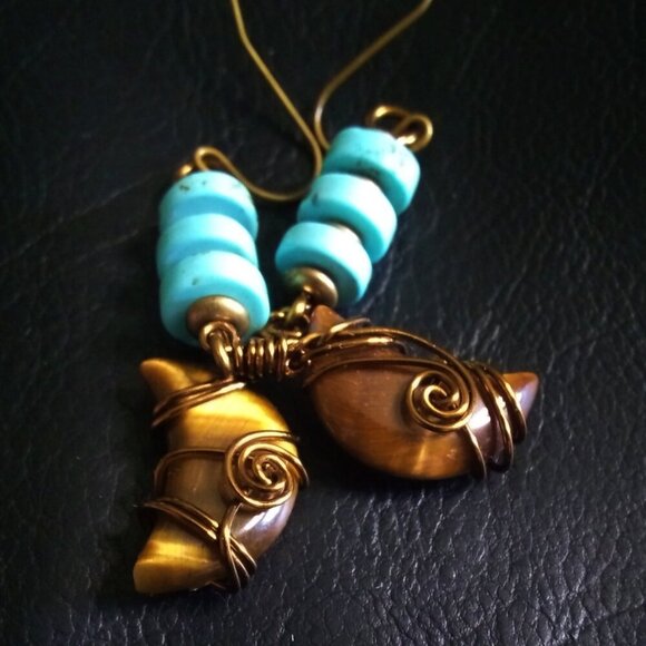 Wire Wrapped Tigereye Moon + Turquoise Howlite ~ One-of-a-kind Dangle Earrings - Picture 4 of 13